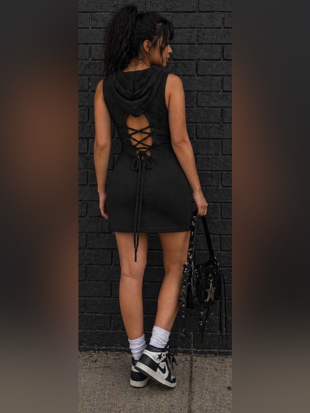 Black Hooded Tank Dress with Tie up Back